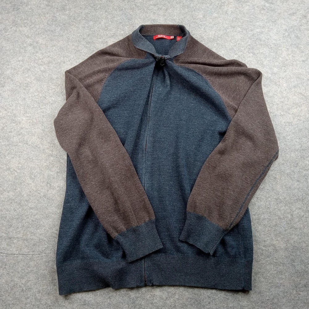 Agave Sweater Mens XL Blue Brown Raglan Full‎ Zip Mock Neck Santa Barbara Cotton